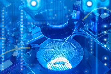 Poster - Manufacture of microprocessors. Creation of microchips. Equipment for production of nano processors. Creation and testing of electronic chip under microscope. Chip testing equipment.