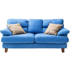 Poster - Stylish blue couch with two decorative pillows creating a warm and inviting atmosphere in a modern living space isolated on transparent background..