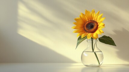Wall Mural - A bright yellow sunflower in a clear glass vase, with a soft light reflection, on a white background