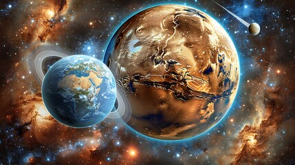Poster - Two planets and a space object reside within a star field