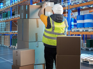 Poster - Man works in warehouse. Storekeeper puts boxes in stack. Man warehouse center employee back to camera. Storekeeper in yellow vest and helmet. Worker inside sleek hangar with multi-tiered shelving
