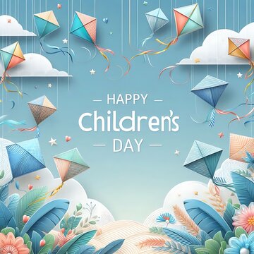 childrens Day Social Media Post children Day Background. children Day greeting card with Kites with realistic light Blue decoration created with generative ai