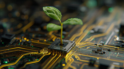Poster - A plant growing out of a computer chip on a circuit board with gold wiring and green leaves