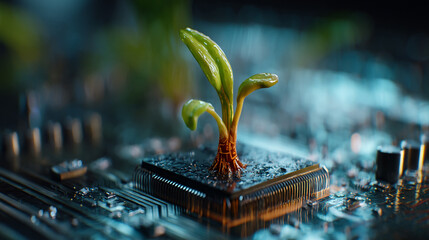 Poster - A small green plant growing out of a computer chip on a circuit board in a close up shot view