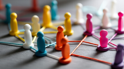 Poster - A network of colorful human figurines connected by strings on a gray surface in a close up shot