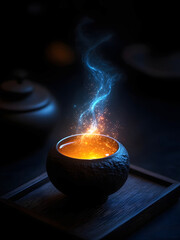 Leinwandbilder - A dark, textured teacup on a wooden tray emits a wisp of glowing blue smoke, illuminated by a warm