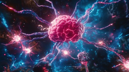 Poster - Pulsating neural grid structure digital landscape abstract art vibrant colors 3d perspective conceptual visualization