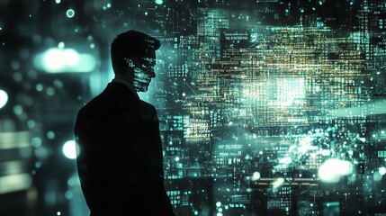Poster - Double Exposure Businessman with Digital Background in Futuristic Style