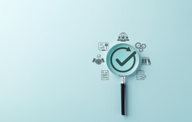 Fototapete - Quality Assurance and Certification Compliance Concept. A magnifying glass with checkmark surrounded by business icon, symbolizing quality assurance, compliance, and certification. certified document,