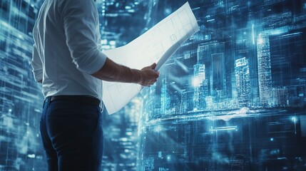 Poster - Architect Analyzing Blueprints with Futuristic Cityscapes in Background