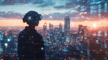Poster - Engineer Overlooking City with Futuristic Double Exposure Effect