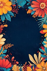 Wall Mural - Colorful flowers are creating a border on a dark blue background with copy space in the center