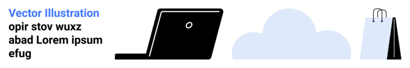 Poster - laptop with open screen, floating cloud, and shopping bag icon. ideal for e-commerce, digital sales,