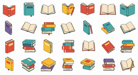 Poster - A grid of forty book illustrations, rendered in a flat, 2D style, with smooth colors and no shading, and a digital vector look. The background is transparent.