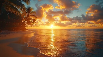 Wall Mural - tranquil tropical beach at sunset with swaying palm trees