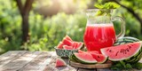 watermelon juice in a jug and a glass on a wooden table 
