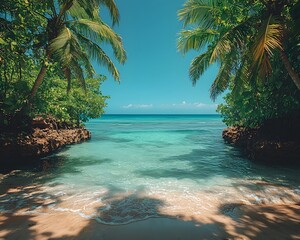 Wall Mural - tranquil palm fringed cove by the sparkling ocean