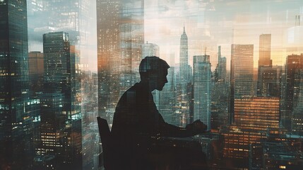 Poster - Architect Working on Design with Double Exposure in Cityscape Background