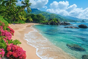 Wall Mural - tropical beach with swaying palm trees and vibrant flowers