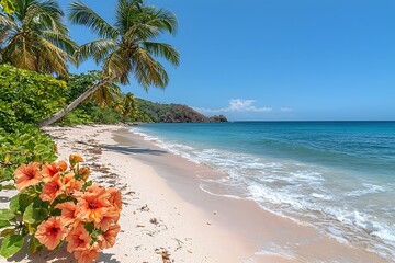 Wall Mural - serene tropical beach with swaying palm trees and vibrant blooms