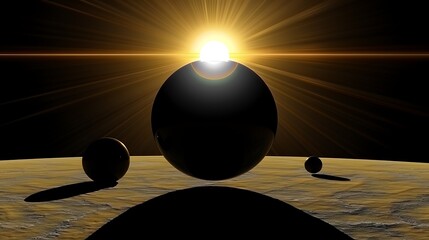 Poster - Three dark spheres with shadows illuminated by radiant golden light