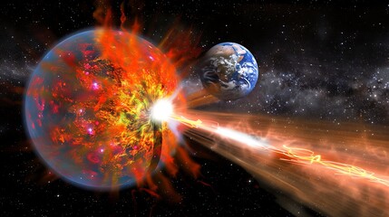 Poster - A large planet exploding near a smaller planet in outer space