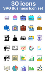 Poster - Business Icon Set: Colorful, dynamic set of 30 SVG icons representing various aspects of the business world, including briefcases, charts, graphs, and presentations.