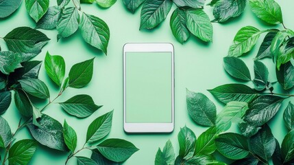 Poster - White smartphone surrounded by lush green leaves, symbolizing eco-conscious technology and nature integration