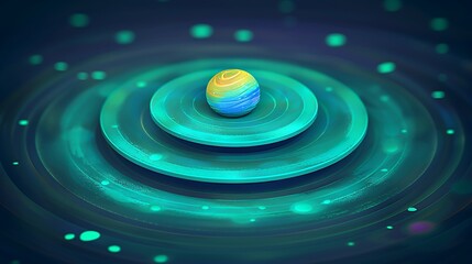 Poster - Colorful sphere sits atop concentric platform rings of varying sizes