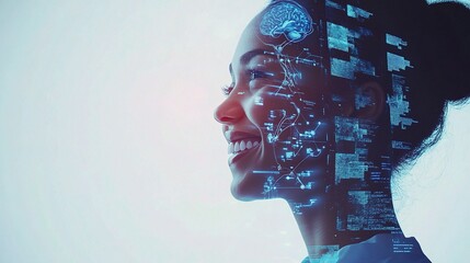 Poster - Smiling Doctor with Double Exposure of Brain and Data Visualization