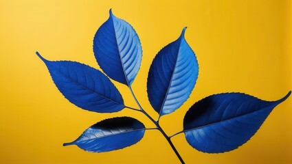 Wall Mural - Vibrant Blue Leaves on Yellow Background