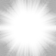 Leinwandbilder - Halftone gradient sun rays pattern. Abstract halftone vector dots background. monochrome dots pattern. Vector background in comic book style with sunburst rays and halftone. Retro pop art design.