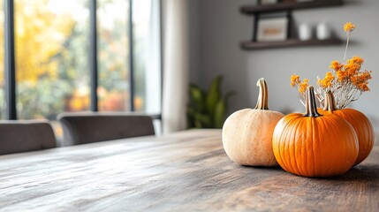 Poster - Festive fall centerpiece: three pumpkins and dried flowers resting on a wooden table