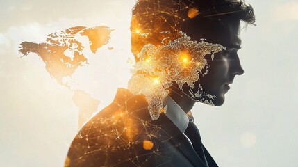 Poster - Corporate Leader in Double Exposure with World Map Background