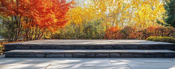 Poster - Empty stone stage sits in front of vibrant red, orange, and yellow autumn foliage