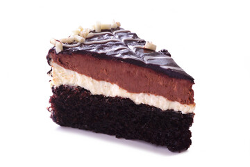 Poster - Truffle Royale cake slice isolated on a white background. Layer of rich chocolate cake, white chocolate truffle and dark chocolate truffle.