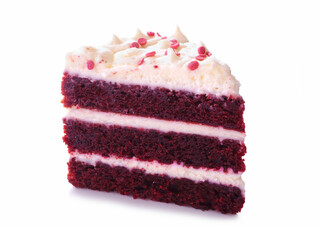 Poster - Red velvet cake slice isolated on a white background. Three tier cake with cream cheese frosting.