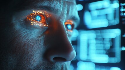 Poster - Close-Up of Surgeon's Face with Glowing Digital Elements in Background