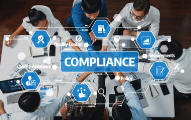 Aufkleber - A diverse team engages in collaborative efforts to outline compliance strategies, utilizing modern tools and data visuals in a dynamic office environment. Amity