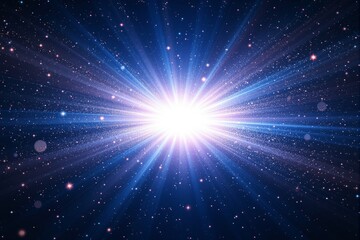 Glowing cosmic burst of light in outer space, digital style, on a deep blue starry background. Concept of universe creation, energy or explosion. Ai generative
