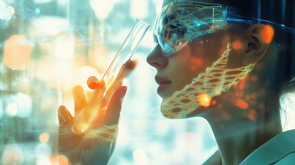 Poster - scientist holding test tube in laboratory with digital effects