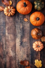Poster - Colorful pumpkins and gourds arranged on a rustic wooden surface with autumn leaves
