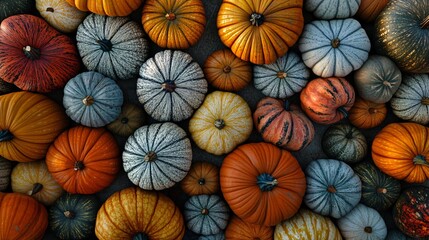 Poster - Collection of pumpkins adorns a surface, forming a charming autumnal still life
