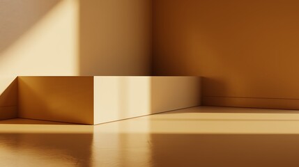 Poster - A modern minimalist room showcasing a geometric podium with sunlight