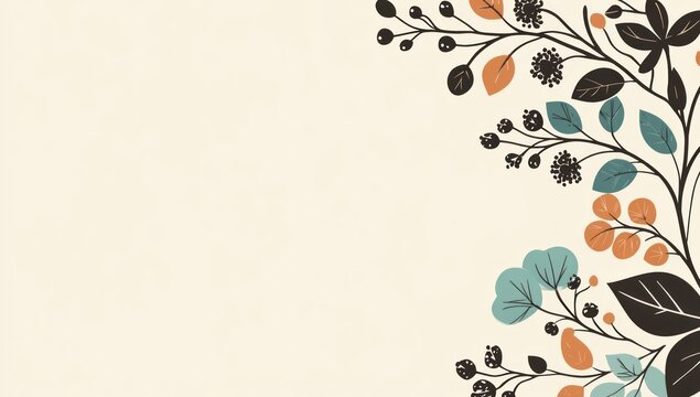 A simple, flat illustration of an abstract background with stylized leaves and flowers in black, brown, teal green, white