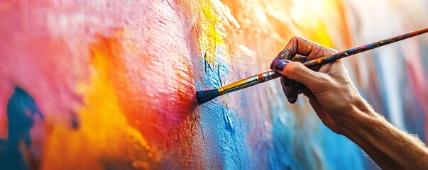 Aufkleber - Artist is painting a colorful abstract artwork with a brush in his studio