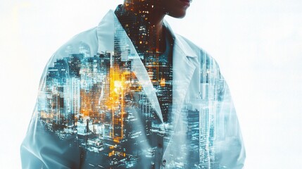 Poster - Double Exposure Portrait of Doctor in Lab Coat with Cityscape