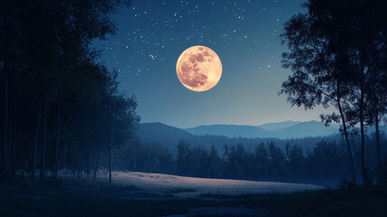 Wall Mural - Full moon near the horizon over a quiet forest silho