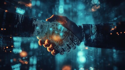 Poster - Double Exposure Handshake Symbolizing Collaboration and Innovation
