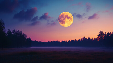 Wall Mural - Full moon near the horizon over a quiet forest silho